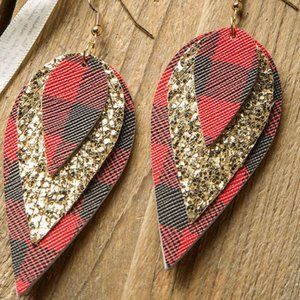 Red Buffalo Plaid Faux Leather Drop Earrings